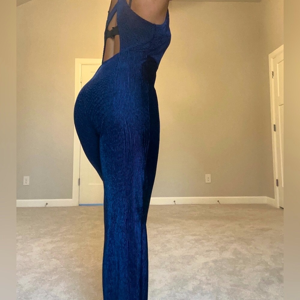 Navy Blue Velvet Jumpsuit - Picture 9 of 17